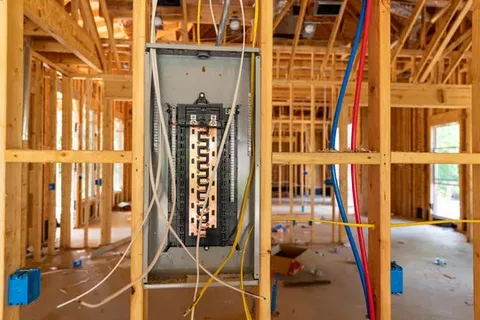 Licensed electrician inspecting a residential electrical panel for safe home wiring and repairs